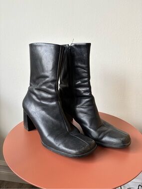 Y2K Franco Sarto Classic Black Mid-Calf Leather Block Heel Boots - square toe